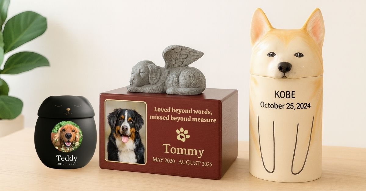Kolme koirauurnaa pöydällä Teddylle, Tommylle ja Kobelle, esitellen erilaisia tyylejä ja kokoja lemmikkien tuhkille ja muistoesineille.